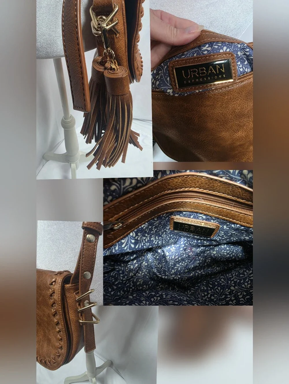 Urban Expressions Brown Whipstitch Tassel Crossbody Saddle Bag Boho Western